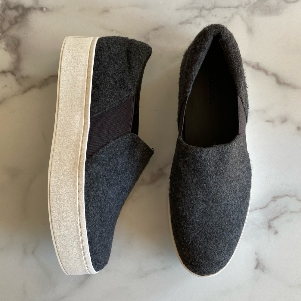 VINCE. Dark Grey Warren Flannel Wool Platform Slip On Sneaker